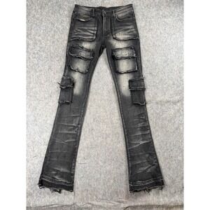 Rockstar Original Cargo Jeans Men 30 Black Denim Flare Stacked Frayed Streetwear